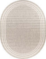 Close-up of an oval Burradoo Bordered Area Rug. Beige and gray tones with a simple, striped border. Machine woven texture. Design-Oval-710