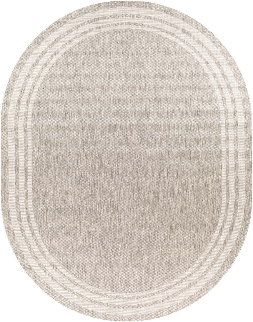 Close-up of an oval Burradoo Bordered Area Rug. Beige and gray tones with a simple, striped border. Machine woven texture. Design-Oval-710
