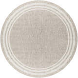 Close-up of a round Burradoo Bordered Area Rug. Oatmeal color with a concentric striped border. Machine woven polypropylene. Design-Round-710