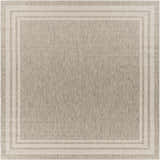 Close-up of the Burradoo Bordered Area Rug. Beige and gray woven texture with a light beige striped border. Design-Square-710