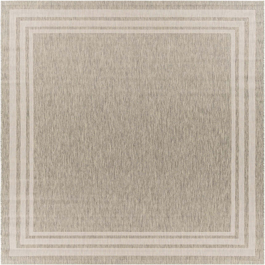 Close-up of the Burradoo Bordered Area Rug. Beige and gray woven texture with a light beige striped border. Design-Square-710