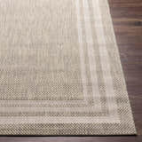 Close-up of the beige Burradoo Bordered Area Rug showing woven texture and striped border detail on a dark wood floor. Front