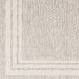 Close-up of the Burradoo Bordered Area Rug. Beige and gray woven texture with a light beige striped border. Swatch