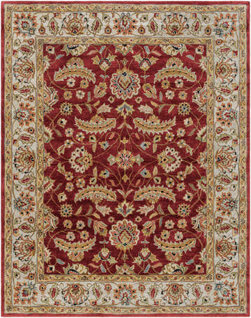 Detailed Brisbin Wool Area Rug with a traditional floral pattern in brick red, ivory, tan, and light olive. Hand-tufted texture. Design-Rectangle-7696
