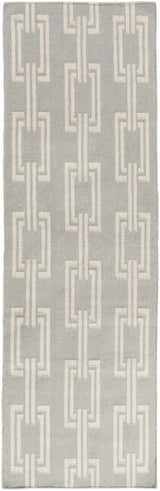 Close-up of the Brundidge Area Carpet in gray and ivory, featuring a geometric chain-link pattern. Hand-woven wool rug. Design-Runner-268