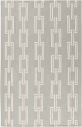 Close-up of the Brundidge Area Carpet, a hand-woven wool rug in gray and ivory with a contemporary chain-link pattern. Design-Rectangle-58