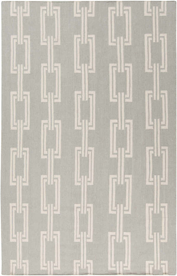 Close-up of the Brundidge Area Carpet, a hand-woven wool rug in gray and ivory with a contemporary chain-link pattern. Design-Rectangle-58