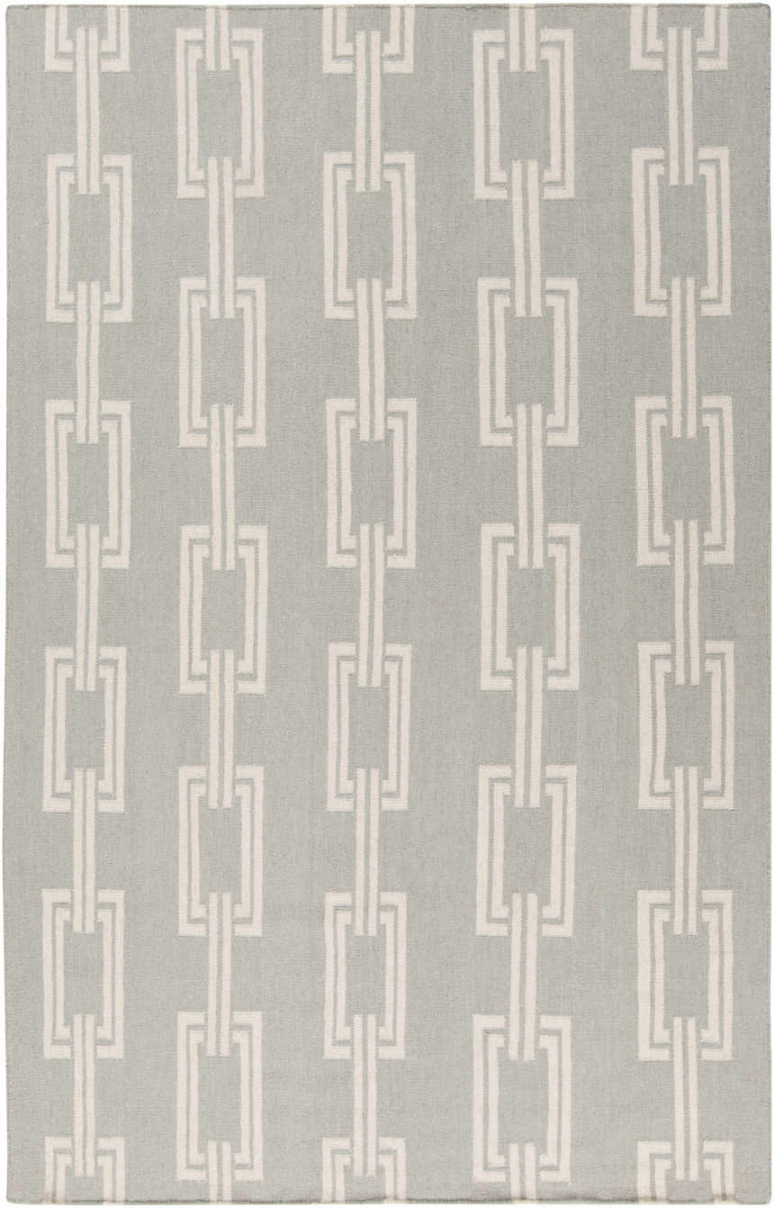 Close-up of the Brundidge Area Carpet, a hand-woven wool rug in gray and ivory with a contemporary chain-link pattern. Design-Rectangle-58