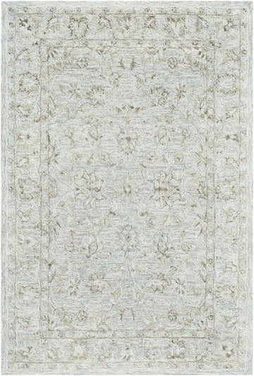 Close-up of the Browning Wool & Faux Silk Rug, showcasing its aqua, beige, gray, and olive floral design and hand-tufted texture. Design-Rectangle