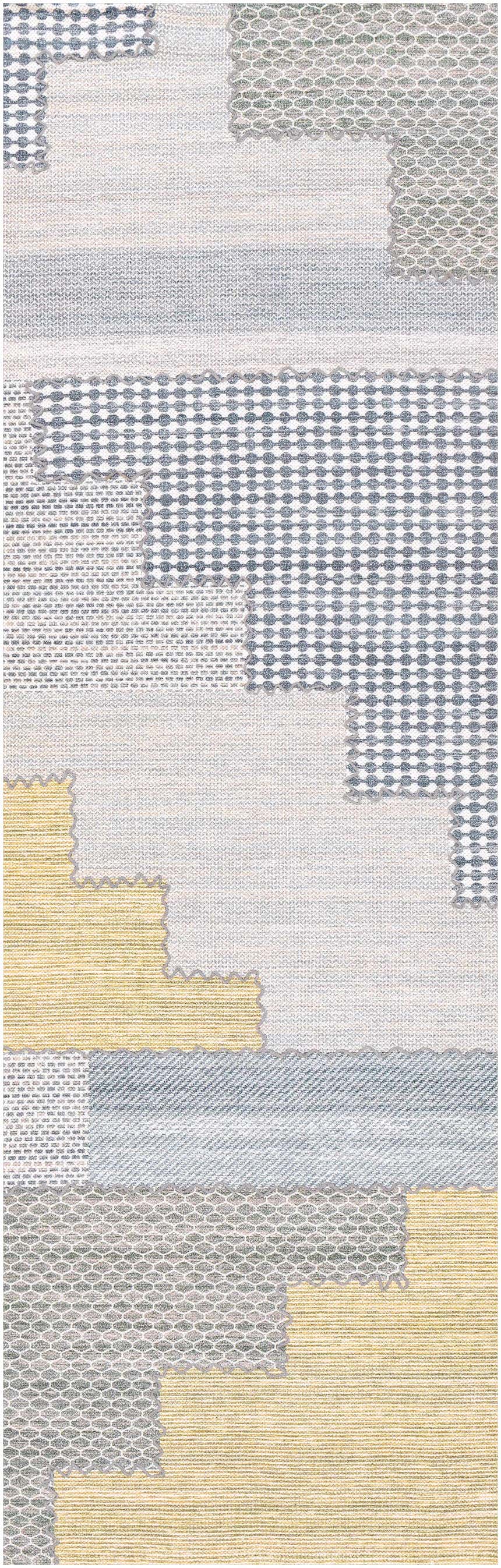 Close-up of the Bishopton Blue/Yellow Patchwork Viscose Rug showing the bohemian pattern and textures. Design-Runner-268