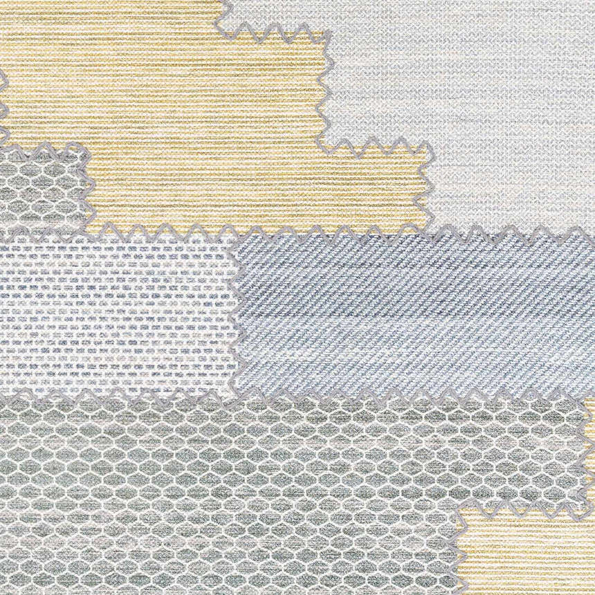 Close-up of the Bishopton Blue/Yellow Patchwork Viscose Rug showing its textures, patterns, and colors. Swatch