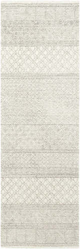 Close-up of the Basinger Tufted Maroc Wool Rug. Features a gray and ivory Moroccan-inspired geometric pattern. Hand-tufted texture. Design-Runner-268