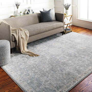 Living room with a gray sofa and the Monterey Gray Thick Luxe Persian Rug on hardwood floors. Roomscene-Rectangle