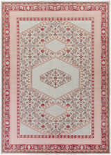 Top-down view of the Bethesda Area Rug. Hand-knotted wool rug in burgundy, dusty pink, gray, and light brown. Farmhouse style. Design-Rectangle