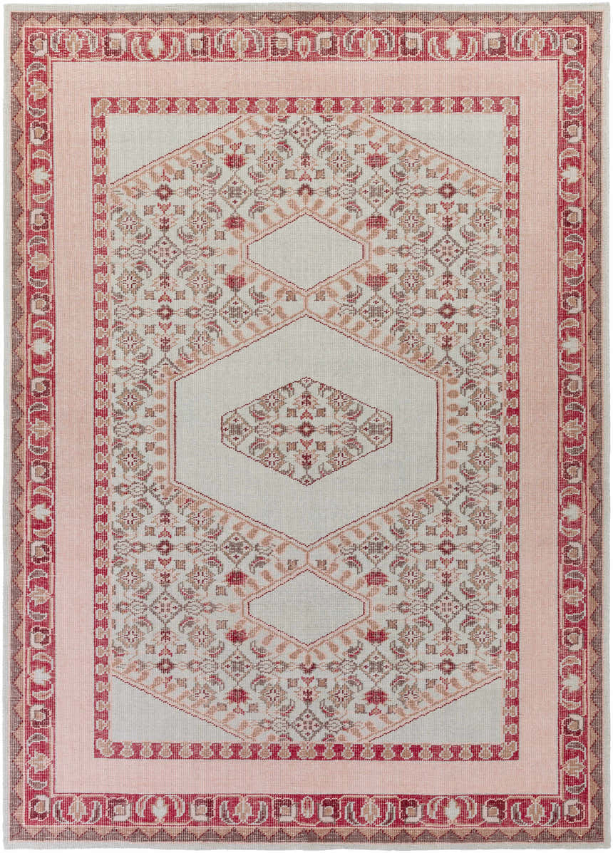 Top-down view of the Bethesda Area Rug. Hand-knotted wool rug in burgundy, dusty pink, gray, and light brown. Farmhouse style. Design-Rectangle