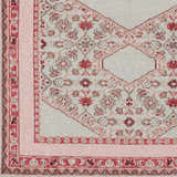Close-up of the Bethesda Area Rug, a hand-knotted wool rug in burgundy, dusty pink, and light gray. Farmhouse style. Swatch