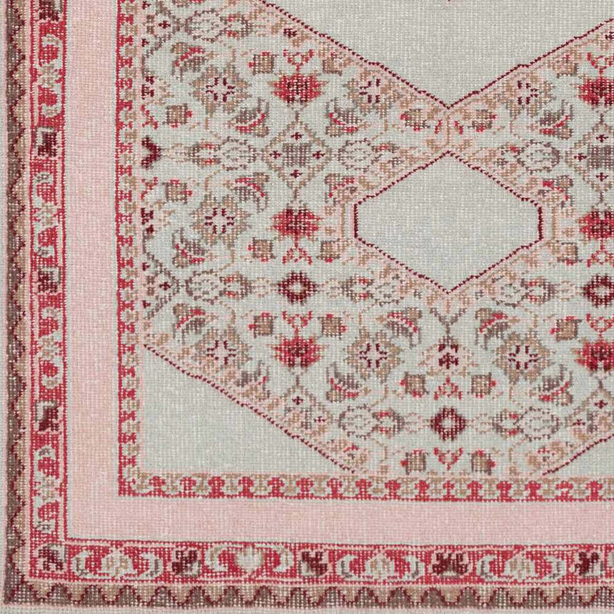 Close-up of the Bethesda Area Rug, a hand-knotted wool rug in burgundy, dusty pink, and light gray. Farmhouse style. Swatch