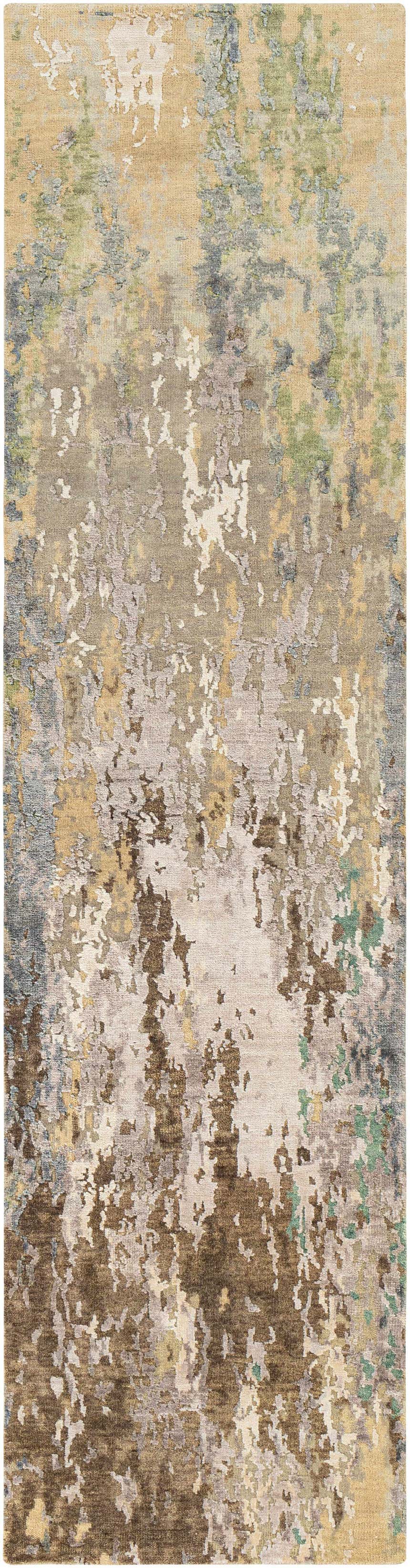 Close-up of the Bued Handmade Wool-Blend Rug. Abstract design in beige, brown, gray, teal, and ivory hues. Hand-knotted texture. Design-Runner-2610