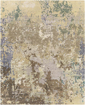 Close-up of the Bued Handmade Wool-Blend Rug. Abstract pattern in beige, brown, gray, denim, and teal. Hand-knotted texture. Design-Rectangle-810