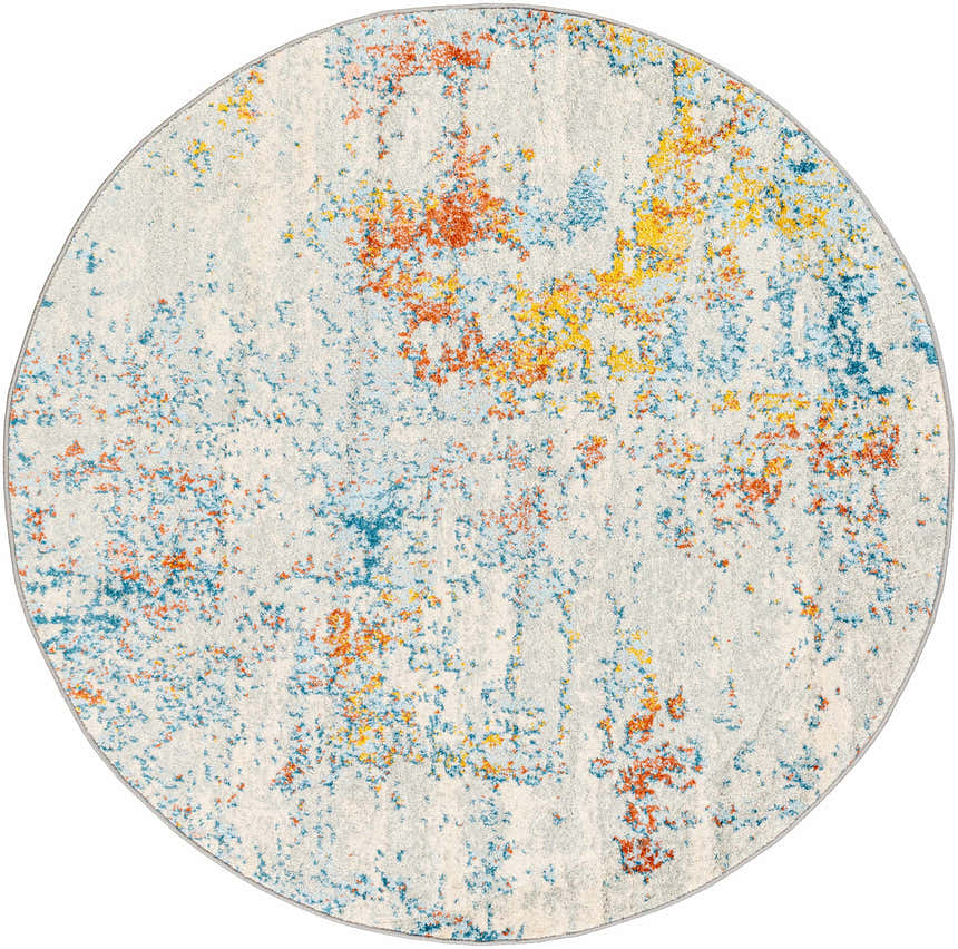 Close-up of round Buliok Area Rug. Abstract design in brick red, cream, light gray, blue, and yellow. Design-Round-53