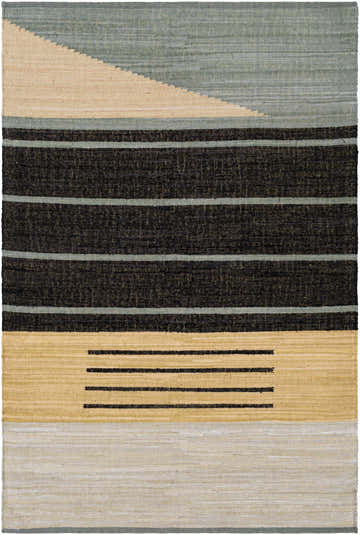 Close-up of the hand woven Bunbury Area Rug. Colors: black, pale blue, teal, and wheat. Contemporary, mid-century modern style. Design-Rectangle-576