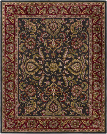Detailed floral pattern of the Bunola Area Rug in dark gray, red, olive and tan. Traditional Persian style. Design-Rectangle-7696