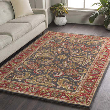 Living room scene with a gray sofa and the traditional Bunola Area Rug in red, amber, and gray tones. Roomscene-Rectangle