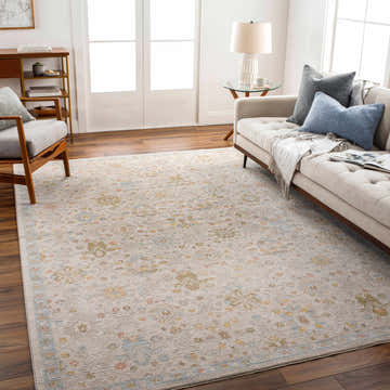 Living room with Burcu Thick Luxe Area Rug in amber, brown, pink, olive, gray, and taupe colors. Farmhouse style. Roomscene-Rectangle
