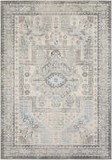 Detailed view of the Burham Area Rug in charcoal, pink, blue, and off-white with a traditional oriental pattern. Design-Rectangle-5373