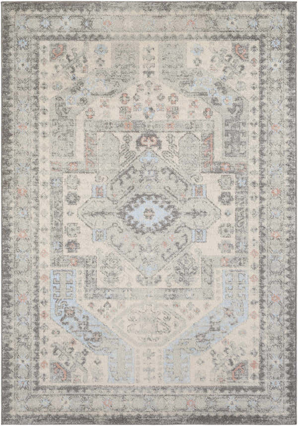 Detailed view of the Burham Area Rug in charcoal, pink, blue, and off-white with a traditional oriental pattern. Design-Rectangle-5373