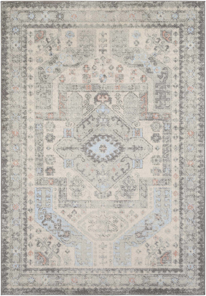 Detailed view of the Burham Area Rug in charcoal, pink, blue, and off-white with a traditional oriental pattern. Design-Rectangle-5373
