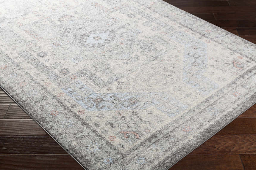 Close-up of the Burham Area Rug showing its traditional, oriental design with charcoal, pink, and blue accents. Corner