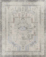 Close-up of the Burham Area Rug, a machine-woven traditional rug in charcoal, dusty pink, gray, off white, and pale blue. Design-Rectangle-71010