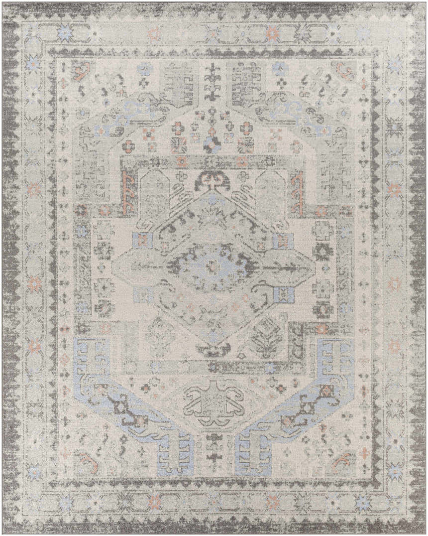 Close-up of the Burham Area Rug, a machine-woven traditional rug in charcoal, dusty pink, gray, off white, and pale blue. Design-Rectangle-71010