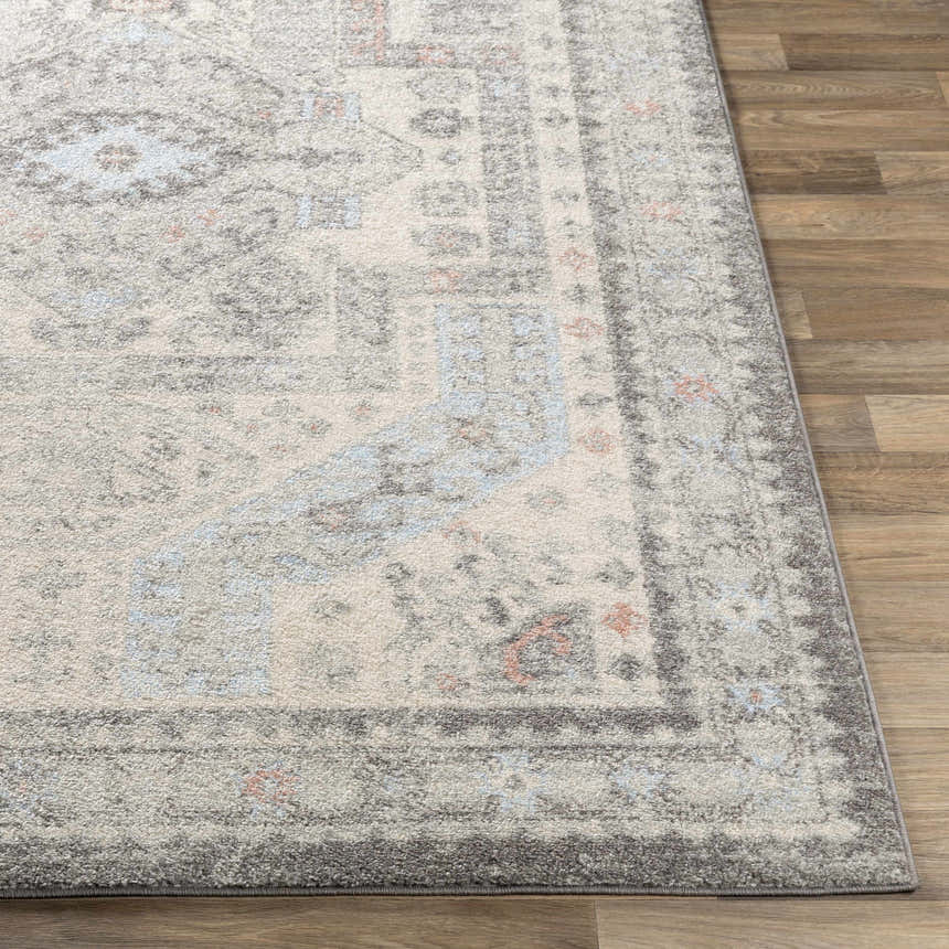 Close up of Burham Area Rug showing its charcoal, dusty pink, gray, off white, and pale blue traditional pattern. Front