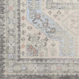 Close-up of Burham Area Rug showing its traditional pattern, charcoal border, and touches of dusty pink and pale blue. Swatch