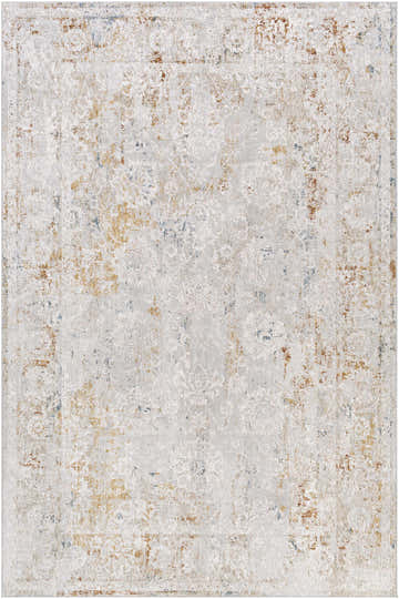 Close-up of the Burkittsville Textured Luxe Area Rug. Distressed traditional pattern in shades of gray, off-white, brown, mustard, and blue. Design-Rectangle-6796