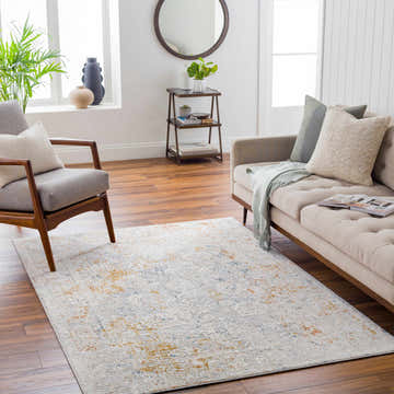Living room scene with a Burkittsville Textured Luxe Area Rug in blue, mustard, and brick red tones. Sofa, chair, and wood floors. Roomscene-Rectangle