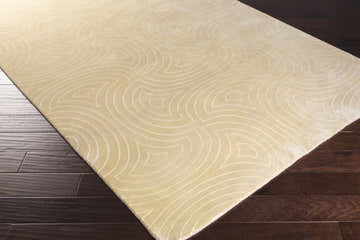 Close-up of a tan Burnwell Area Carpet on dark wood flooring, showcasing its subtle geometric pattern. Corner
