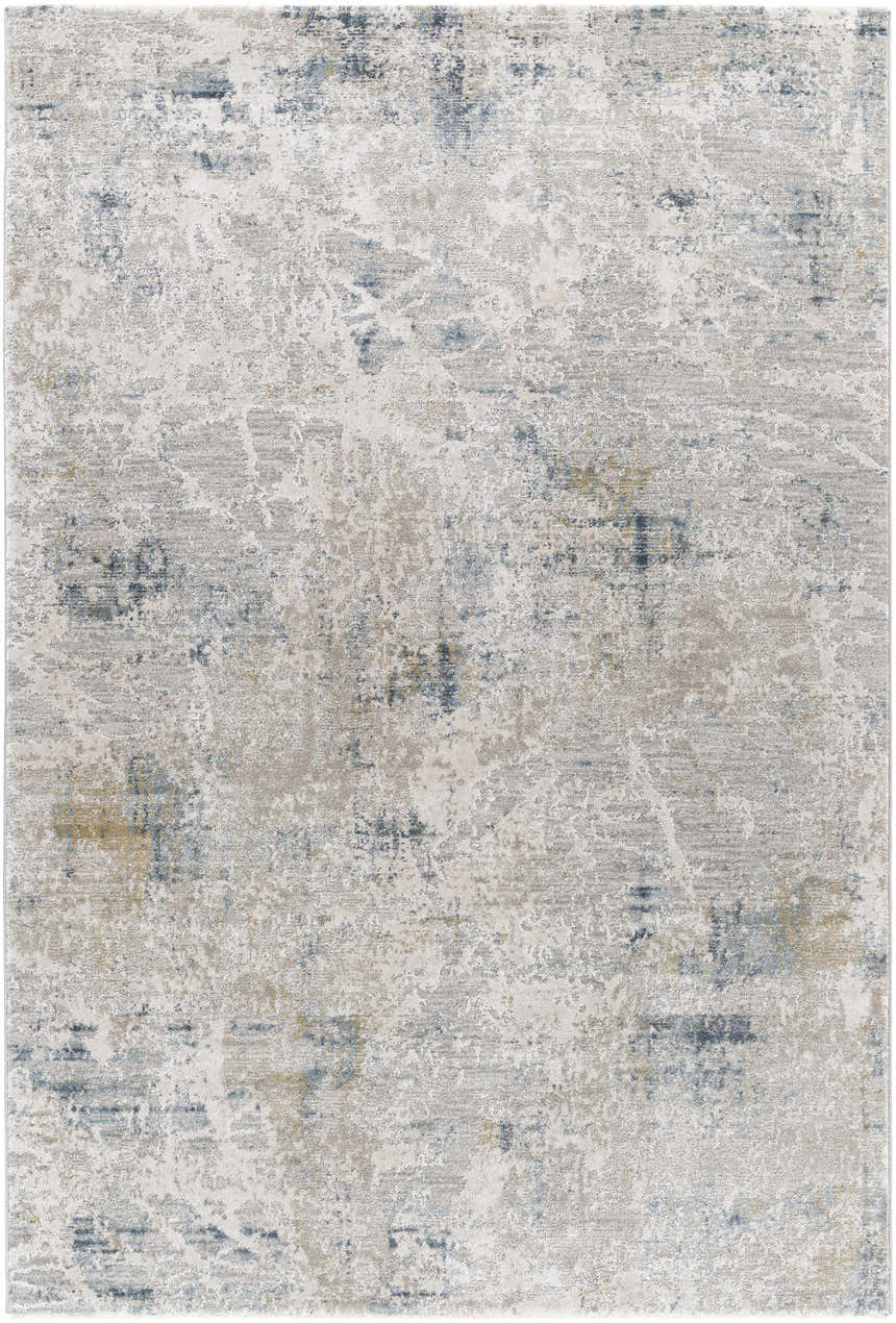 Close-up of the Burstwick Thick Luxe Boutique Rug. Abstract pattern in dusty sage, navy, olive, pale blue, taupe, and teal. Design-Rectangle-575