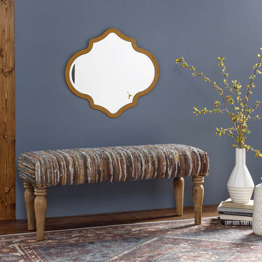 Bustos Leather Striped Wooden Base Bench - Clearance