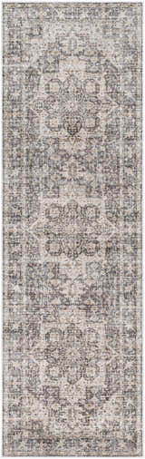 Close-up of the Bevin Washable Area Rug, a traditional runner rug in dark brown, gray, and taupe with a distressed pattern. Design-Runner-268