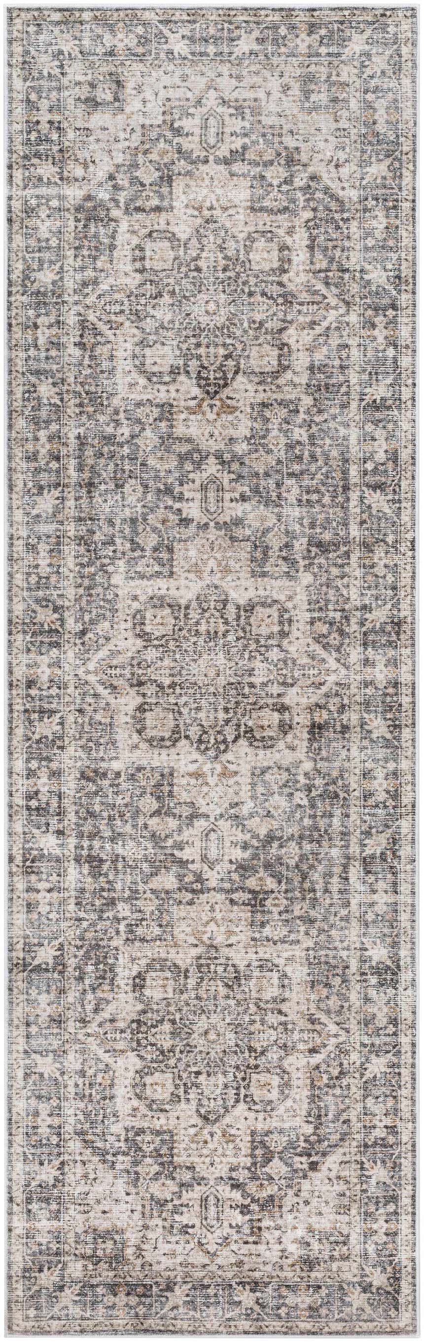 Close-up of the Bevin Washable Area Rug, a traditional runner rug in dark brown, gray, and taupe with a distressed pattern. Design-Runner-268