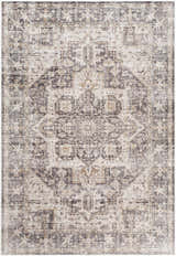 Detailed Bevin Washable Area Rug with a traditional, distressed pattern in dark brown, gray, and taupe tones. Design-Rectangle-576