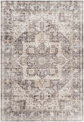 Detailed Bevin Washable Area Rug with a traditional, distressed pattern in dark brown, gray, and taupe tones. Design-Rectangle-576