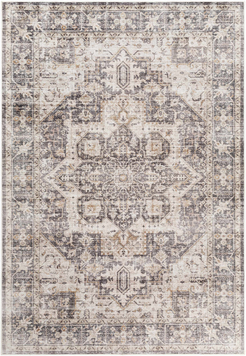 Detailed Bevin Washable Area Rug with a traditional, distressed pattern in dark brown, gray, and taupe tones. Design-Rectangle-576
