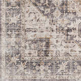 Close-up of the Bevin Washable Area Rug, showcasing its traditional pattern in dark brown, gray, and taupe hues. Machine woven texture. Swatch