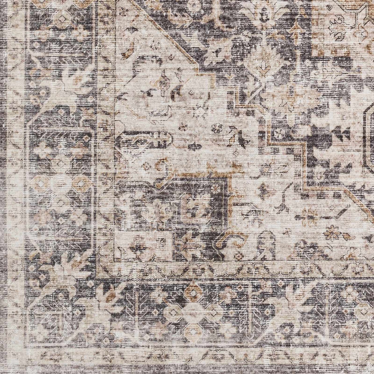 Close-up of the Bevin Washable Area Rug, showcasing its traditional pattern in dark brown, gray, and taupe hues. Machine woven texture. Swatch