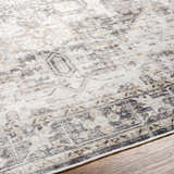 Close-up of the Bevin Washable Area Rug, showcasing its traditional pattern, dark gray, taupe, and natural gray colors. Texture