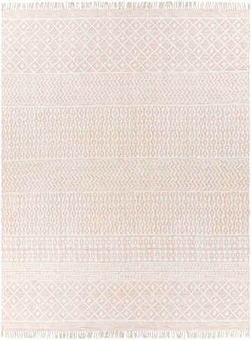 Close-up of Valyermo Rose rug. Hand woven cotton rug with light beige and rose geometric patterns and fringe. Design-Rectangle-810